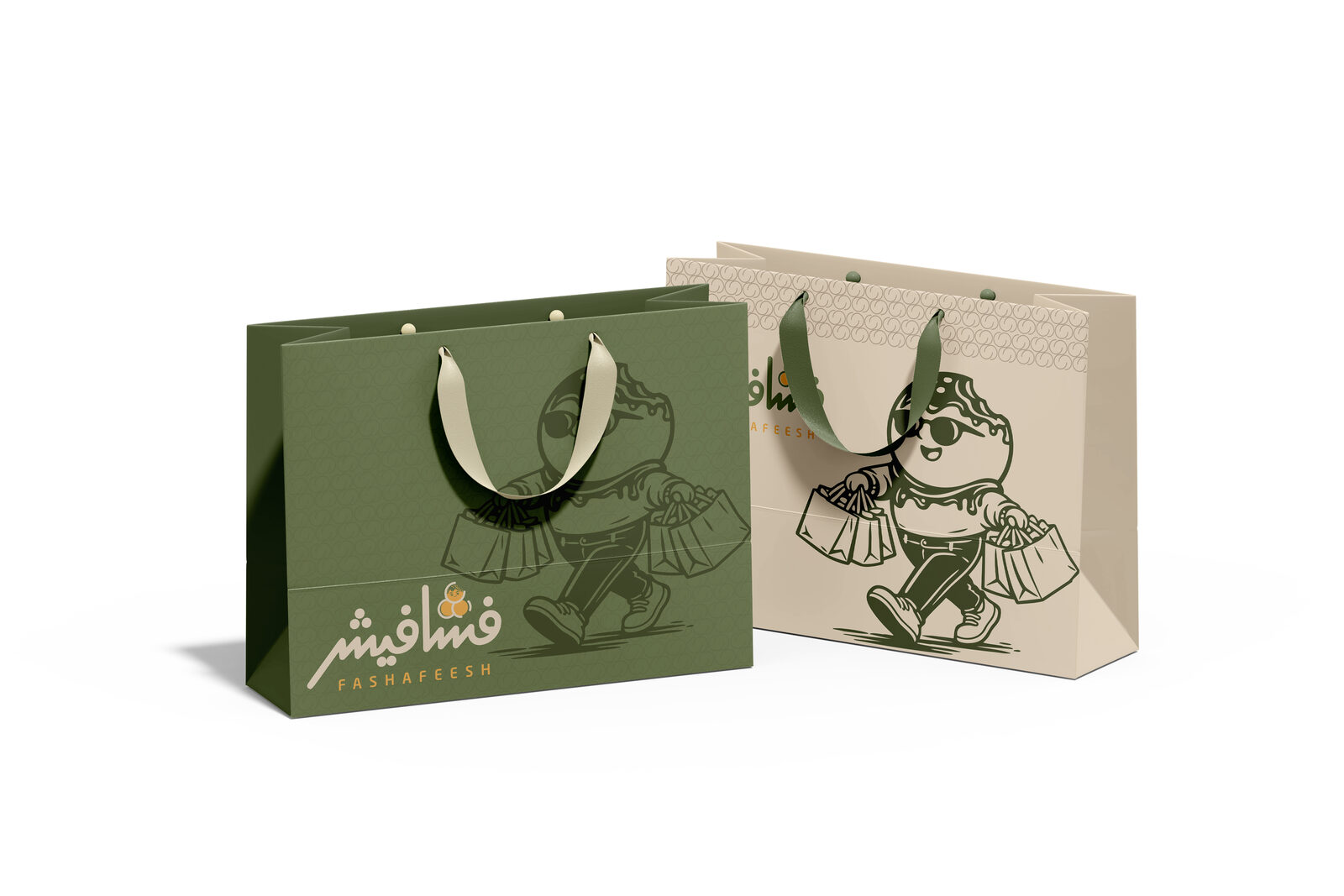 Pair of shopping bags — olive and cream — showing a sunglasses-wearing Fashfoosh carrying shopping bags (meta brand humor)